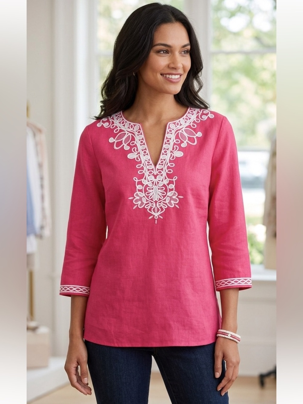 Jones New York Pink Soutache Embroidered Linen Top